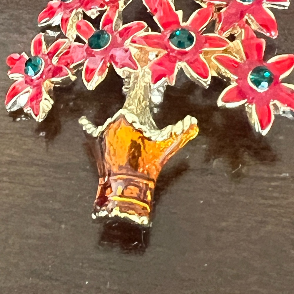 Red Poinsettia Tree Brooch with Red and Gold Accents - Picture 2 of 4